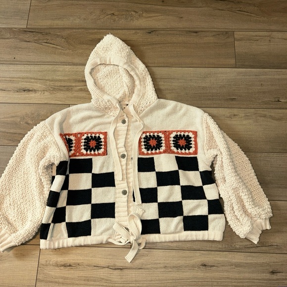 POL Cardigan Sweater Hooded Knitted Boho Hippie Artsy Granny Square Oversized L - Picture 2 of 10